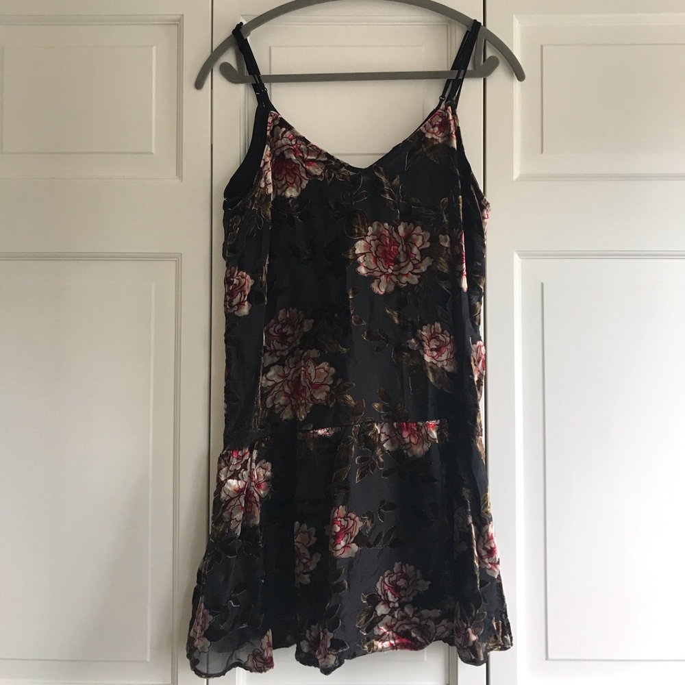 velvet black floral dress with ruffle bottom